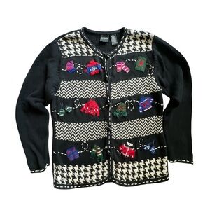 Black and White ugly cute sweater Cardigan with Festive winter Patterns Sz PL
